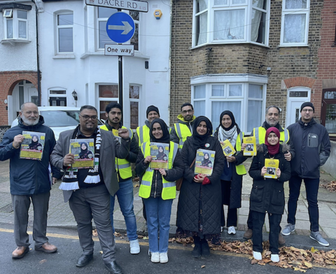 Newham Independents camapigners in yellow h-viz jackets
